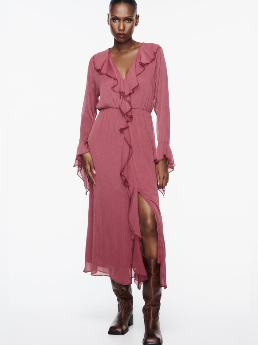 ZARA Ruffled Georgette Midi Dress NWT Size Large Flowy Romantic Feminine